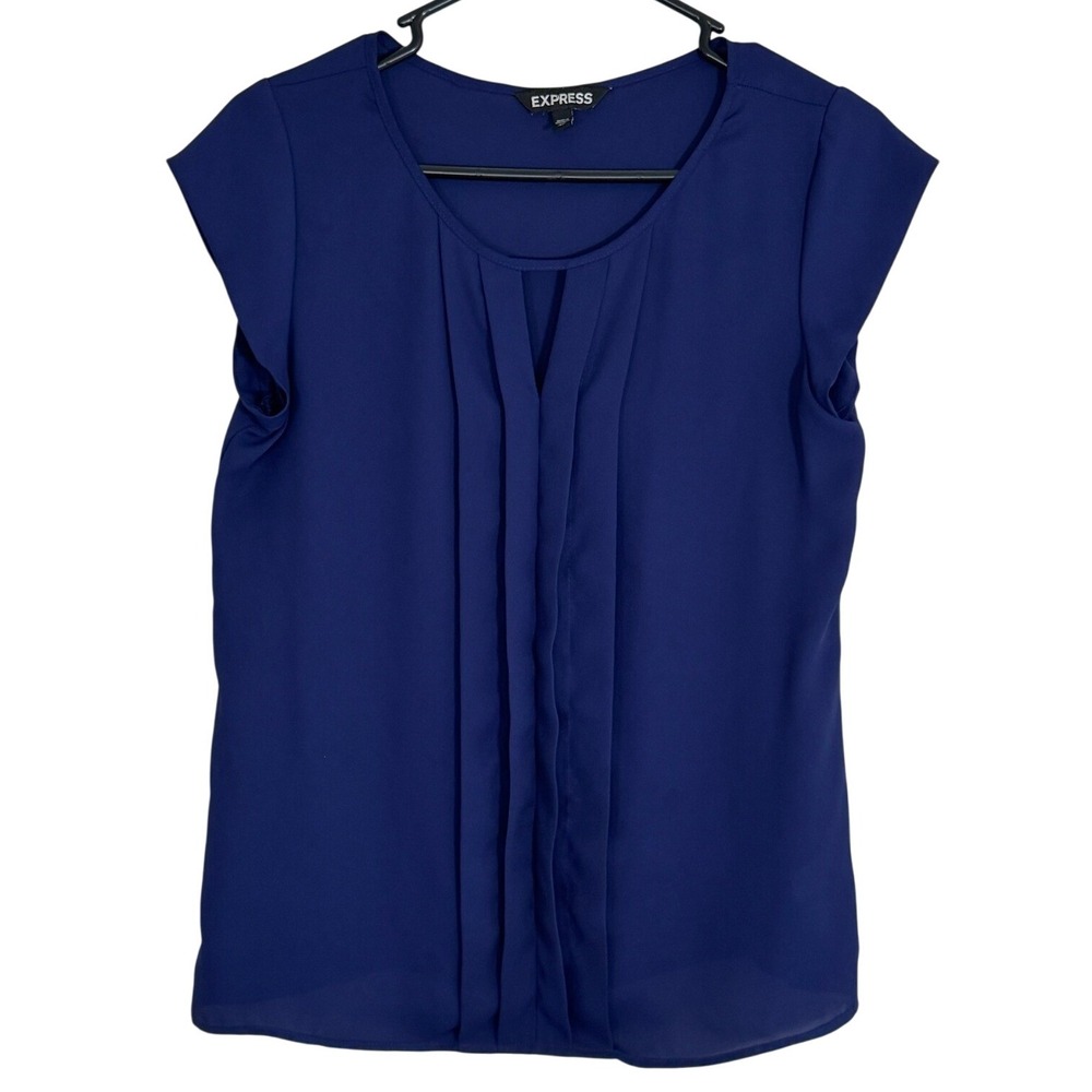 Express Navy Blue Pleated Cap Sleeve Keyhole Round Neck Blouse Women's Size XS‎